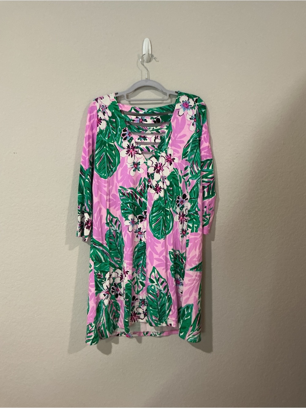 Lilly Pulitzer Pink Floral & Green Leaf Lattice-Neck Tunic Dress